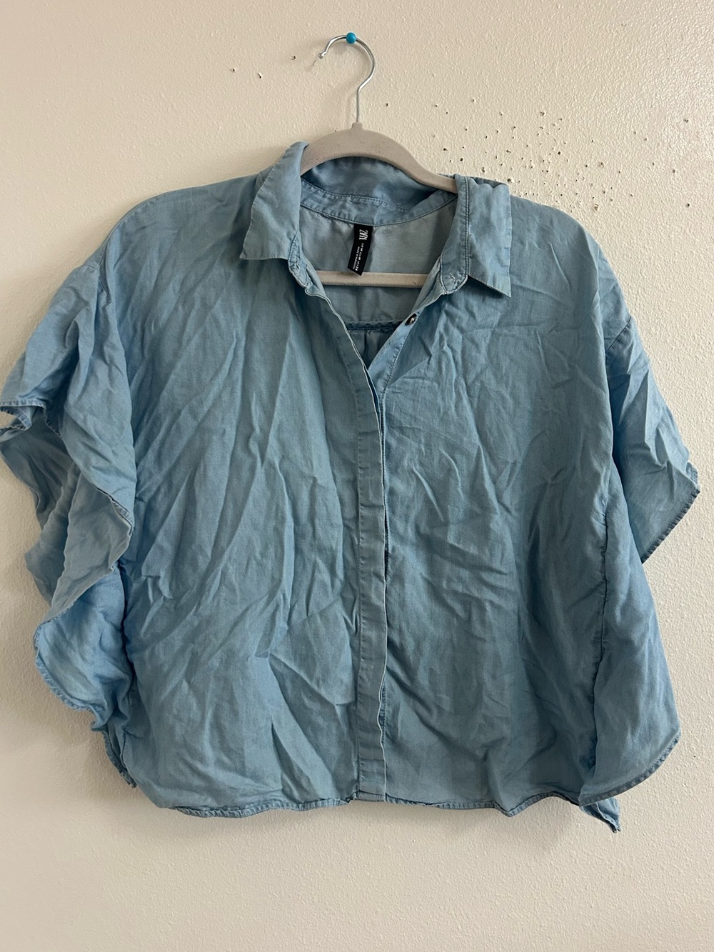 Zara chambray ruffle sleeve button down top
